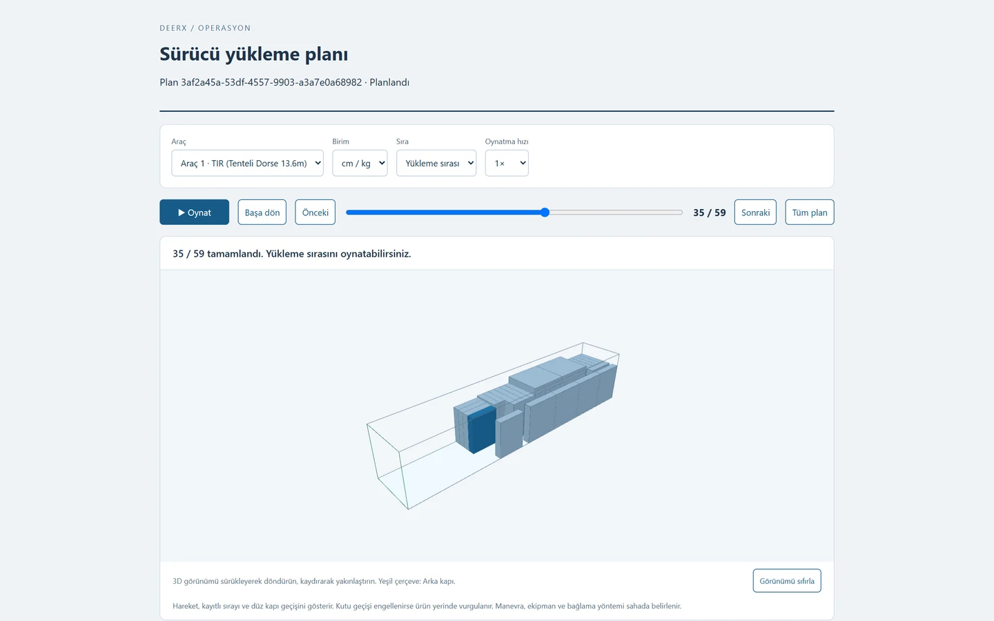 DeerX sürücü sayfasında 3D yük ve yükleme sırasına ait oynatma kontrolleri