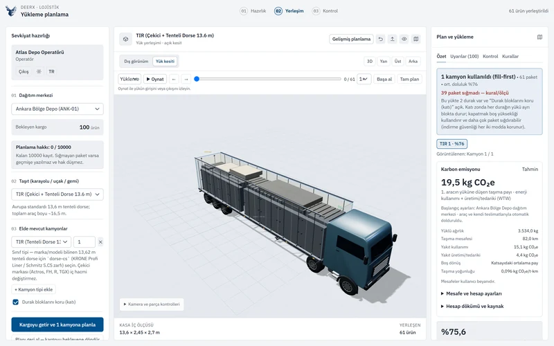 DeerX 3D araç yükleme planı